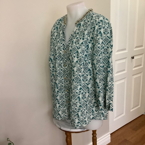 Talbots Print Cotton Top XL 3/4 Slv Beaded Neckline - Picture 3 of 13